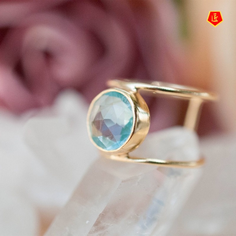 [Ready Stock]Simple Elegant Sea Blue Topaz round Diamond Ring 18K Gold