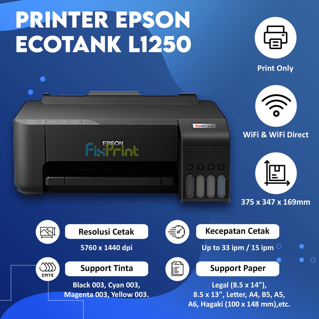 Epsn EcoTank L1250 Printer Single Function Wireless Print A4 WiFi