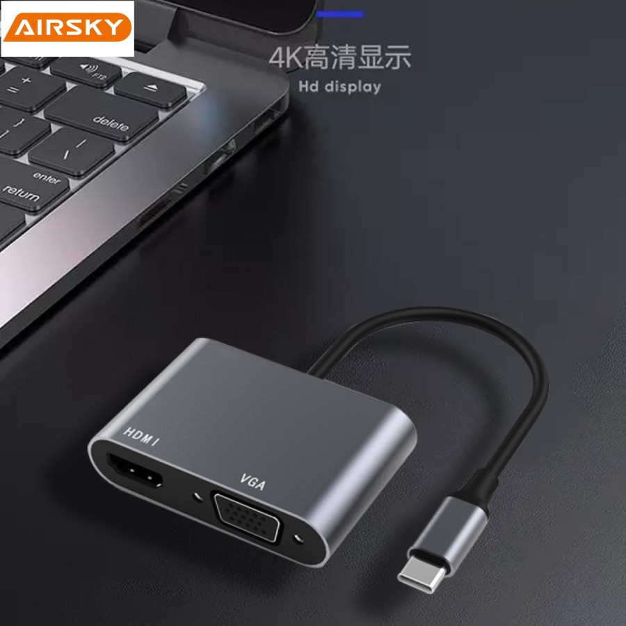 AIRSKY HC-10 USB TYPE C To MULTIMEDIA PORT &amp; VGA Adapter 2IN1 Support 4K