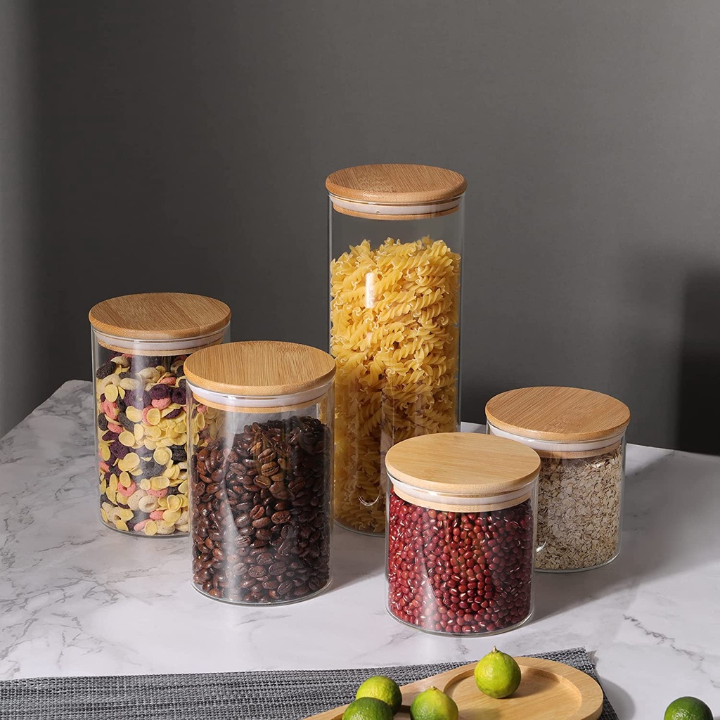 Toples kaca kedap udara penyimpanan makanan bumbu awet tahan lama tutup kayu One Two Cups Toples Kaca Penyimpanan Makanan Glass Jar Glass Food Storage Containers Spices Transparent With Lids Cookie Kitchen For Sugar Candy Cookie Rice Spice Jars