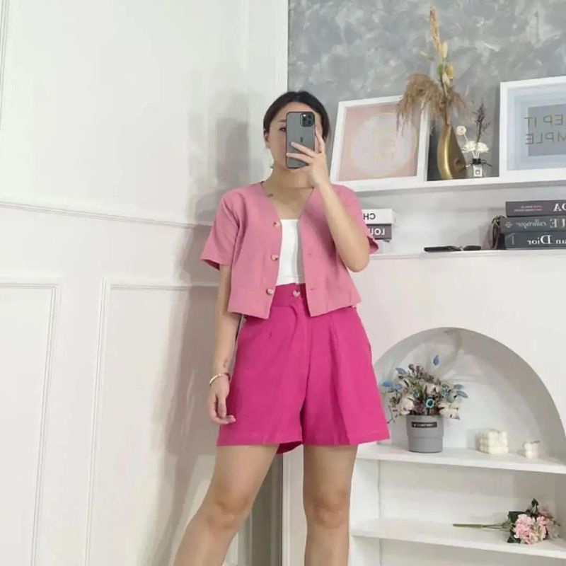 Setelan Baju Celana 2 Tone Kemeja Crop Pendek Set Linen