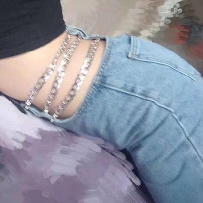 Wanita Rantai Jeans Tipis Seksi Kaki Lebar Pinggang Tinggi Celana Longgar Pelangsing Lurus Celana