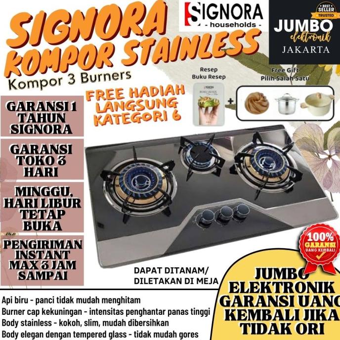 Signora Kompor Gas Tanam 3 Tungku Burner New Grande Stainless Signora