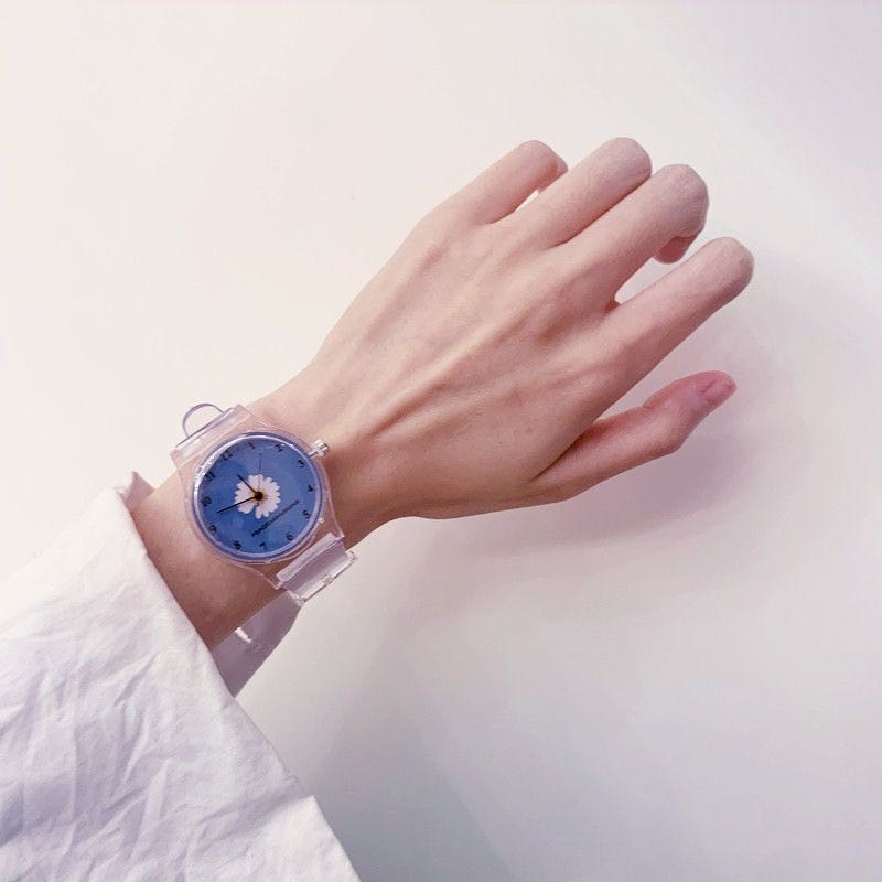 Jam Tangan Quartz Analog Motif Bunga Transparan Untuk Wanita /  Jam Tangan Motif Bunga Transparan-36-8 Biru