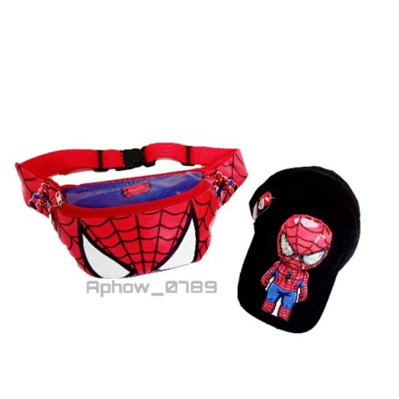 Paket 2IN1 Waistbag anak Spiderman dan topi LED Spiderman