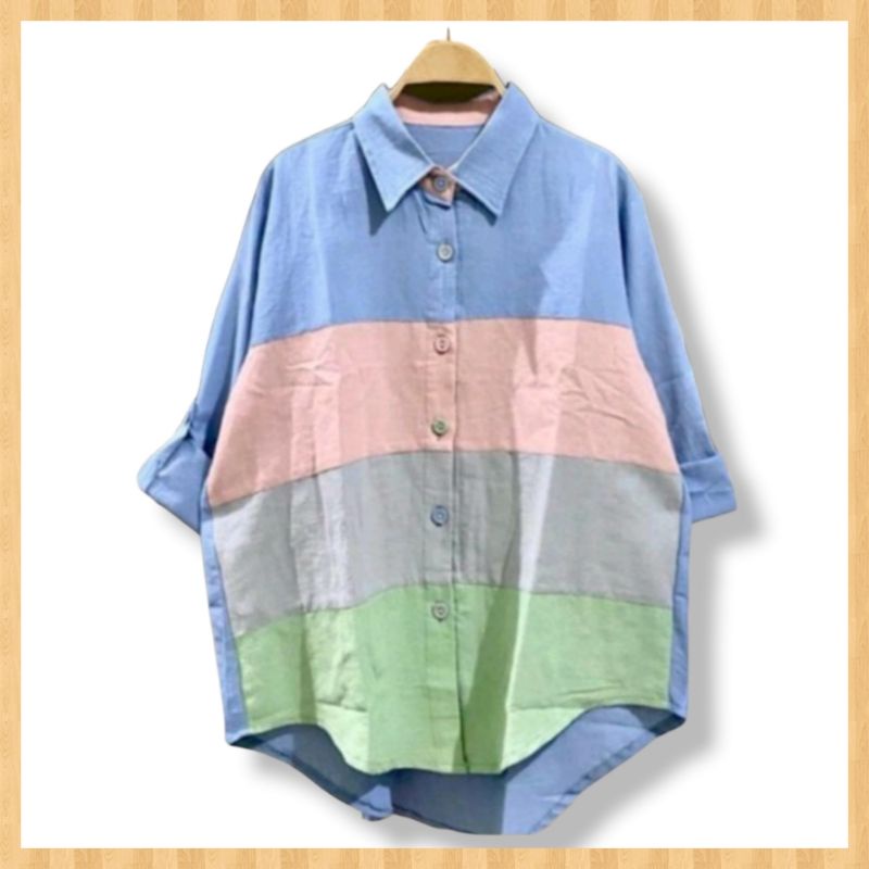 Atasan Blouse Kemeja Wanita Katun Linen Impor Terbaru-Kerah Biru Muda