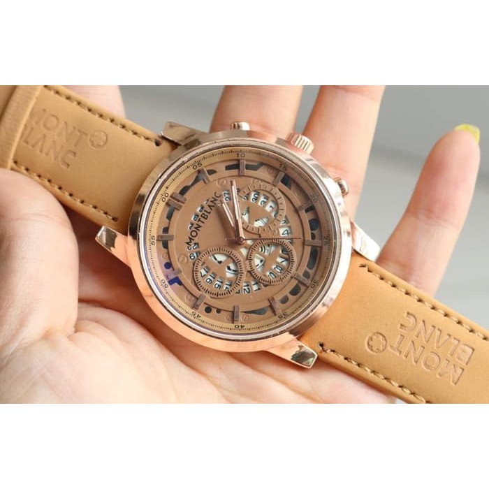 JAM TANGAN PRIA MONTBLANC KULIT TANGGAL LIGTH BROWN ROSEGOLD (BROWN)