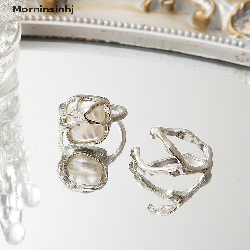 2pcs / Set Cincin Jari Model Terbuka Bentuk Gelombang Geometris Aksen Mutiara Gaya Vintage