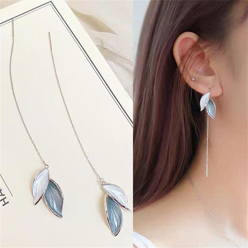 Anting Tusuk Daun Nanas Bahan Alloy Wanita Abu Daun Leaf Ear Thread