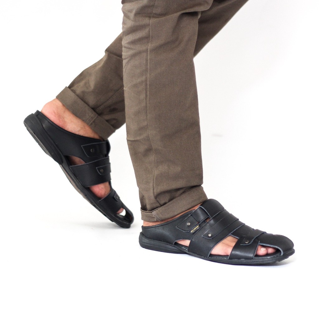 TERBARU Sandal Slop Pria Casual Kasual Kulit Asli Selop Cowok Santai Model Sandal Bustong