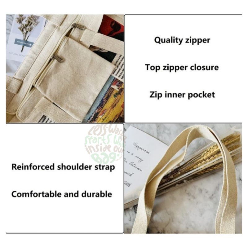 Korean Totebag Canvas Resleting Dan Saku Van Gogh Style Aesthetic Tebal Premium