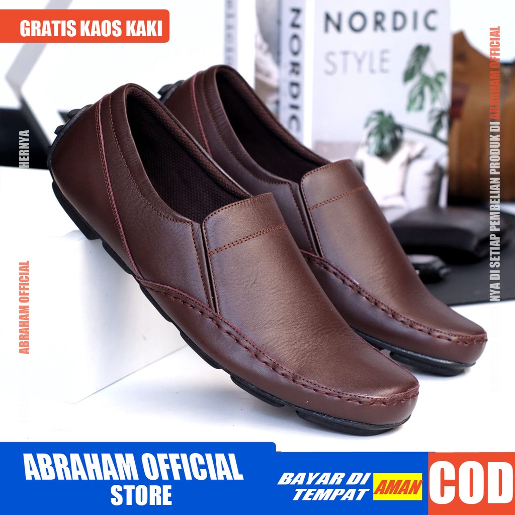 ABRHM x NIBA Sepatu Slip On Pria Sepatu Pria Casual Kulit Asli Pantofel Cowok Sepatu Kasual Slop Kerja Kantor Kondangan Keren Original Santai