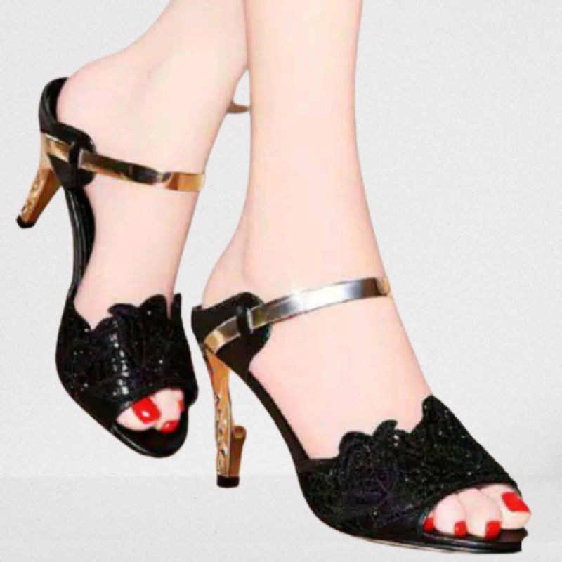 (COD)DIVISHOES HEEL BRUKAT RENDACANTIK PD345 (REALPICT GESER) HITAM LIST GOLD