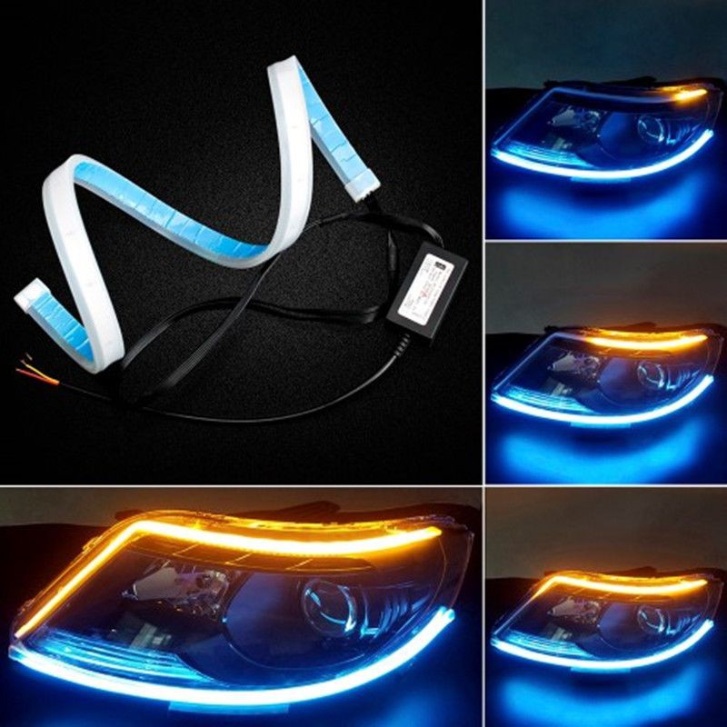 Lampu Alis LED Slim (1PCS) DRL Mobil Fleksibel Waterproof 45CM 2 Warna Runing +adaptor Controller