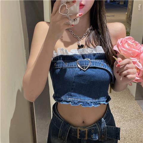 Red wanita mesh denim rompi pakaian luar wanita musim panas desain niche tube top dengan suspender kecil pendek hot girl top women