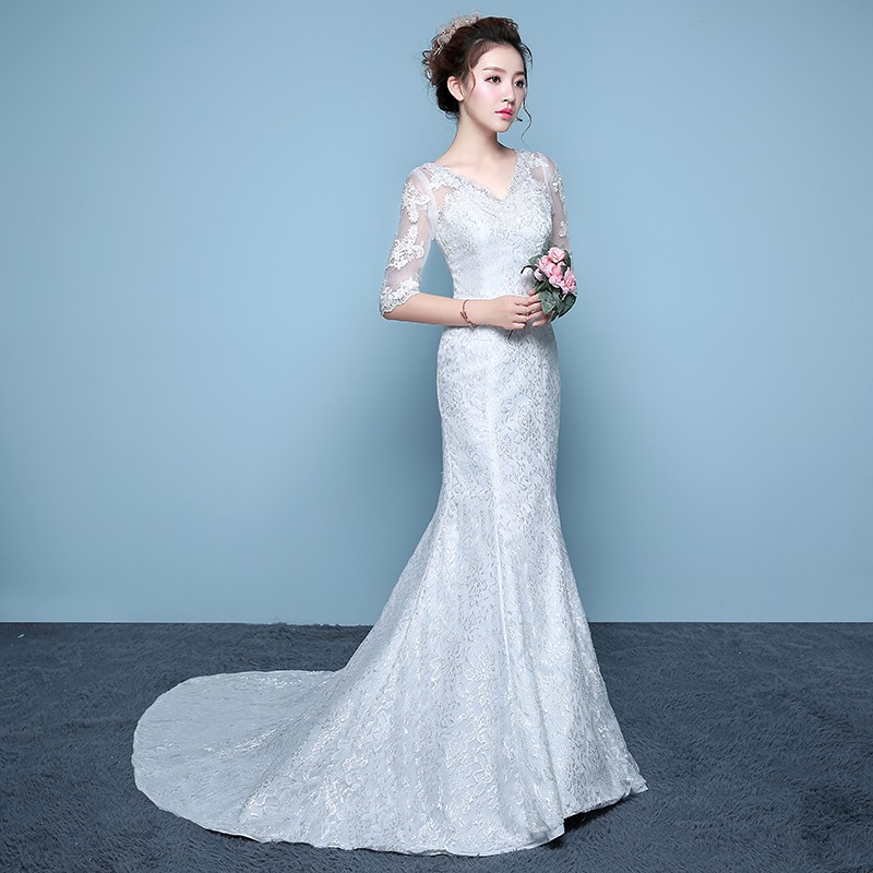 Women Bridal White Mermaid Long Tail Wedding Dress V-neck Half Sleeve Lace Embroidery Wedding Guan