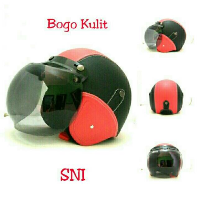 Helm Bogo Retro SNI Kulit Classic Merah Hitam + Kaca Bogo Ori
