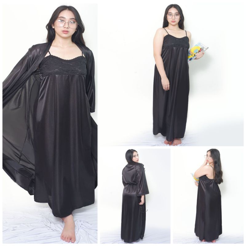 Kimono wanita sexy jubah inner panjang big size jumbo satin bigsize baju tidur hitam 1378BSET_XL