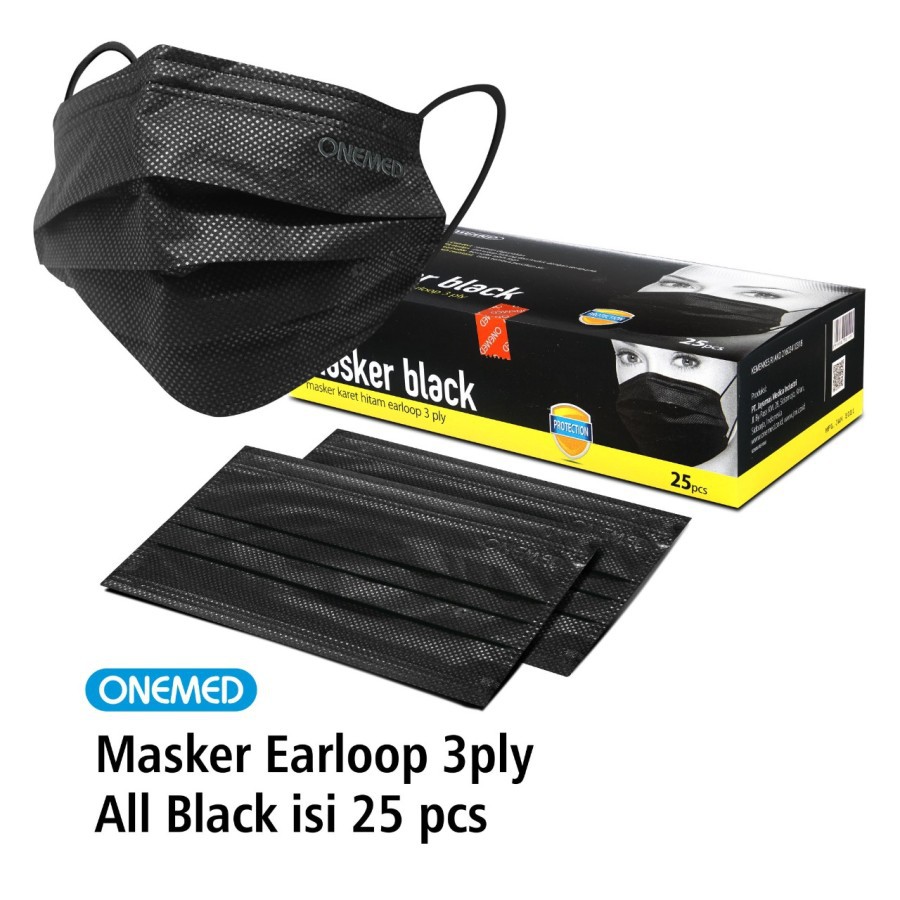 Masker Karet Medis 3ply Black Onemed earloop hitam Box Isi 25