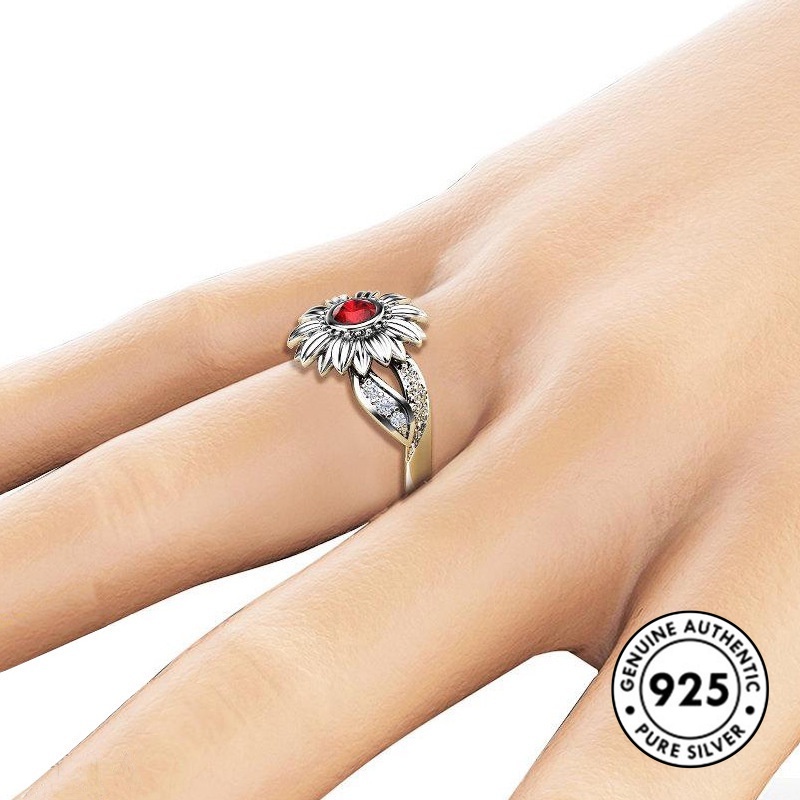 Cincin Sterling Silver 925 Model Bunga Matahari Dengan Ruby Untuk Wanita