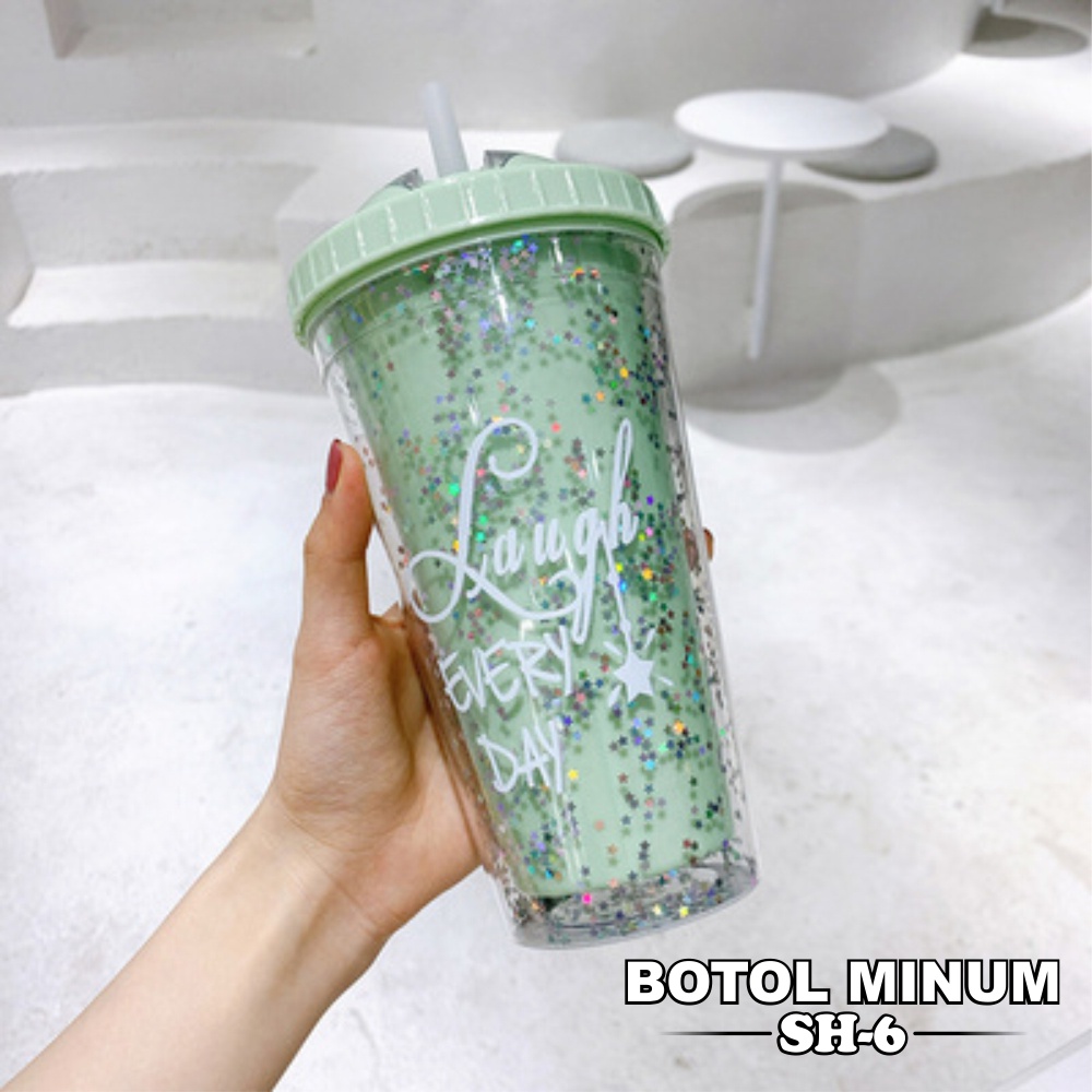 Botol Minum Air Sedotan Tumbler Glitter Cups Blink Gelas - FHS88