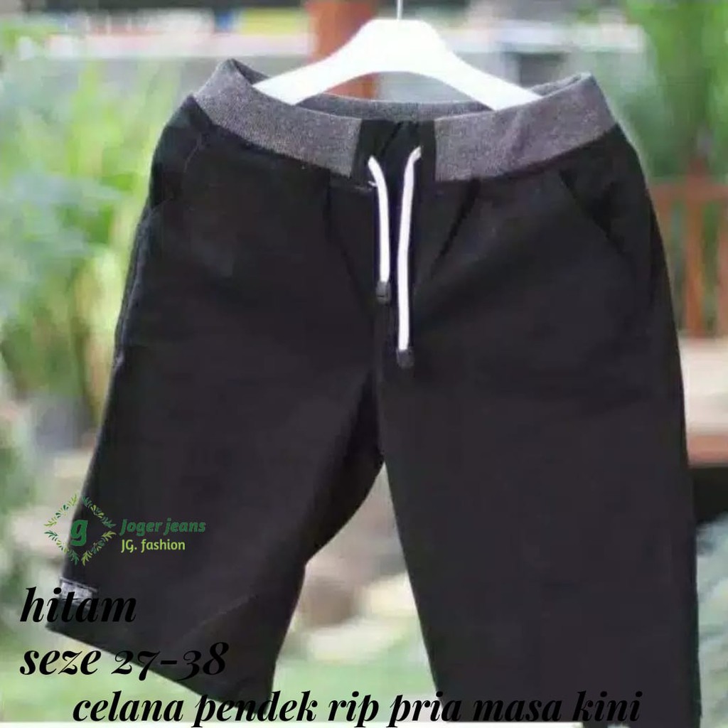 Celana Pendek Pria Pinggang Kolor RIP Bahan Katun Stretcth Polos Hitam Krem Abu Moca 27-38-/.