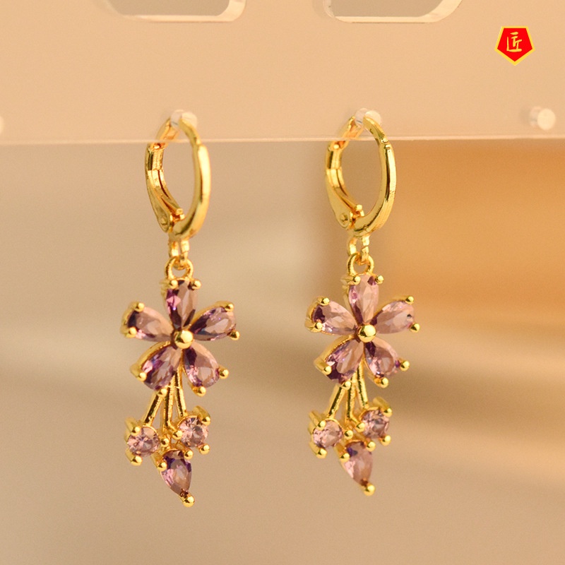 [Ready Stock]Simple Sweet 18K Gold Flower Inlaid Colored Gems Earrings