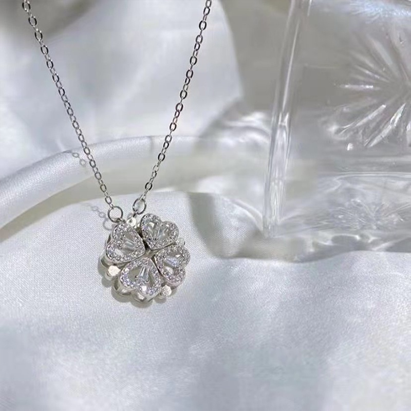Kalung Anti Karat Korea Hati Berlian Empat Daun Semanggi Liontin Kalung Aksesoris Fashion