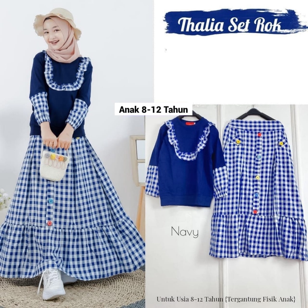 Thalia One Set Kids Baju Setelan Anak Perempuan Muslim Atasan + Rok Matt Katun Kotak Combi Polos Pre