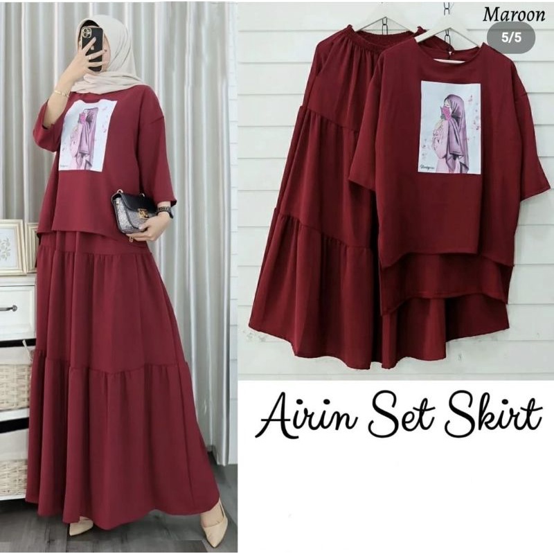 SET ROK AIRIN, MOSCREPE, GAMIS HIJAB MUSLIM, SETELAN, 2 UKURAN