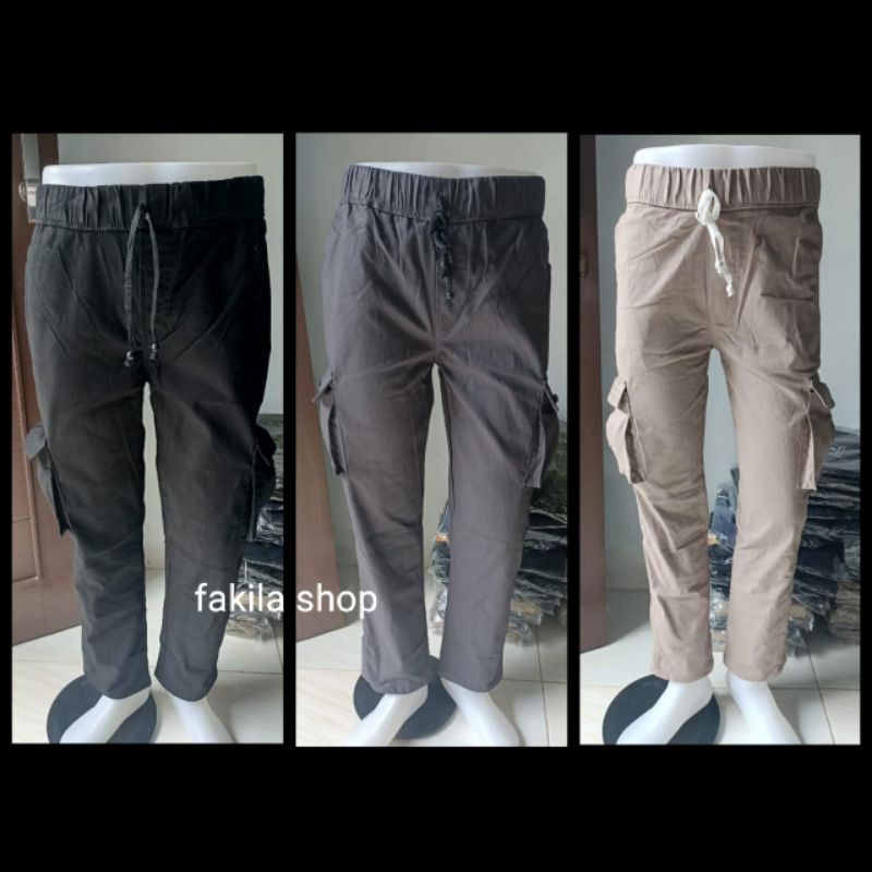 Celana Panjang Cargo Rib Wanita/Cewek Bahan Strecth Pinggang Karet Hitam Cream Abu Abu Original