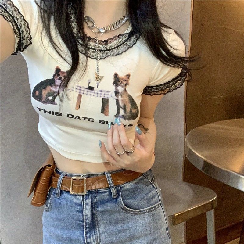 atasan renda import skinny lace atasan cropped navel print atasan lengan pendek wanita Hyuna Port