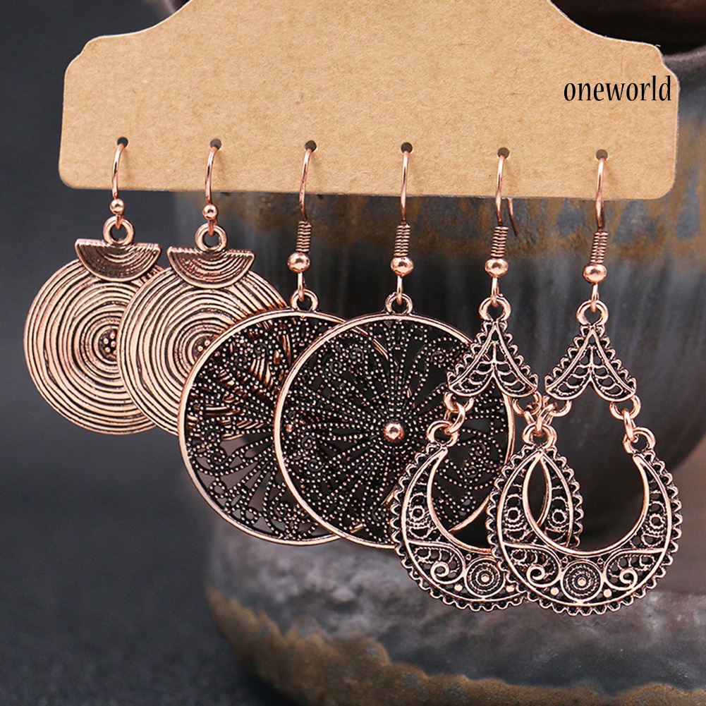 OW# 3Pairs Boho Gypsy Women Feather Round Hollow Dangle Hook Earrings Party Jewelry