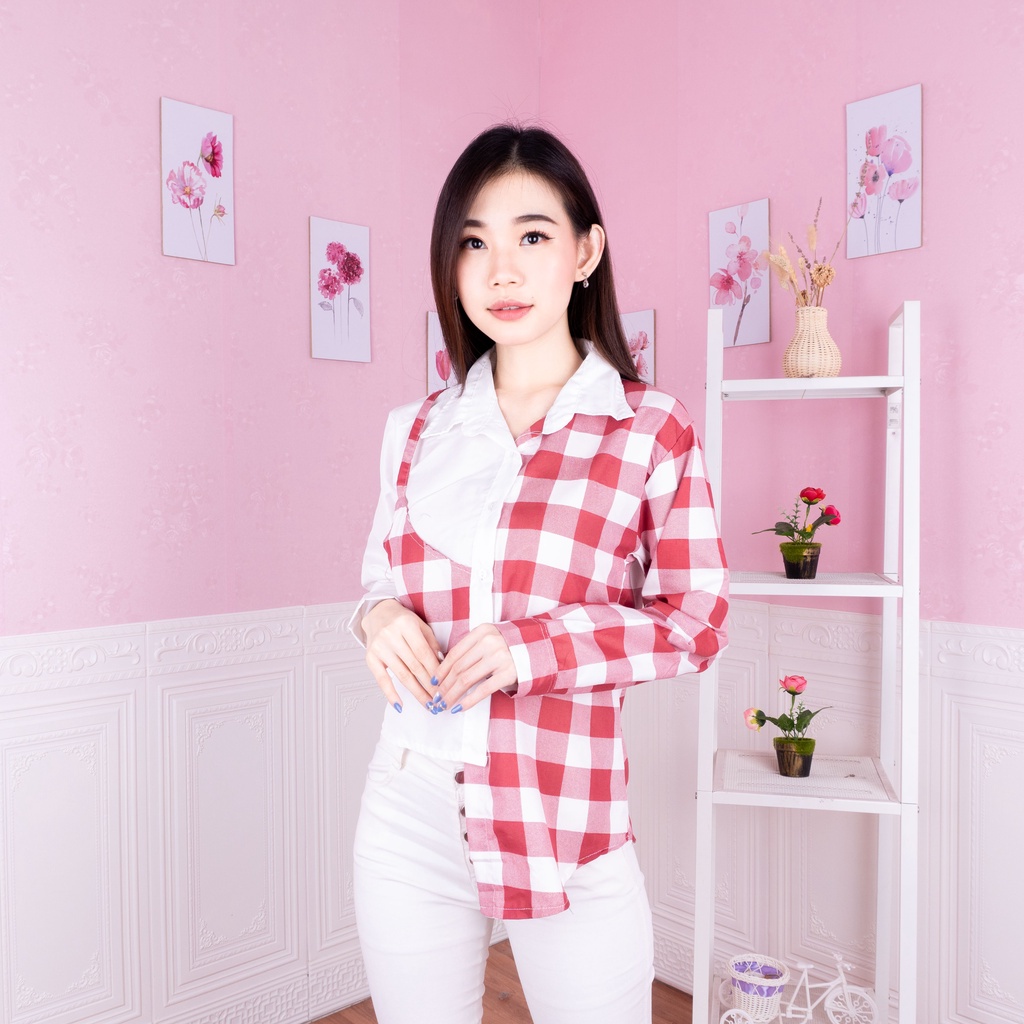 IL - Chess Playfull Assymetrical Blouse Top / Kemeja Wanita Chess Rubi Kotak Tartan