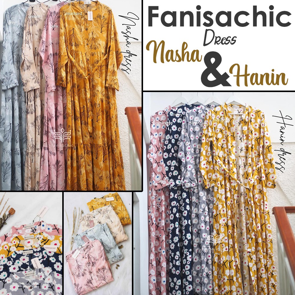 GAMIS Ibu Menyusui Dress Busui FANISACHIC HANIN &amp; NASHA DRESS TANPA KERUDUNG  Motif Ranting Pohon &amp; Bunga Allsize