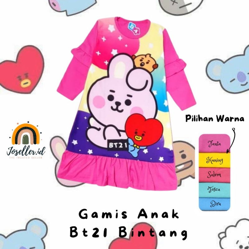 DRESS GAMIS MUSLIM SET HIJAB ANAK PEREMPUAN MOTIF 001 KARAKTER BTS BT21 2-10 TAHUN