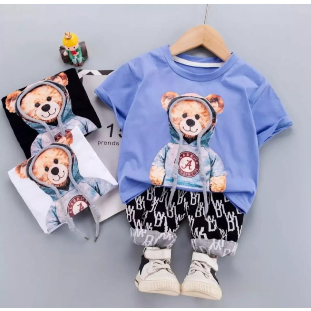 NUR-BEAR SET | SETELAN ANAK LAKI-LAKI PEREMPUA TERBARU SETELAN MOTIF BEAR HOODIE CELANA PANJANG BW 1-5 TAHUN - BLACK-WHITE-BLUE