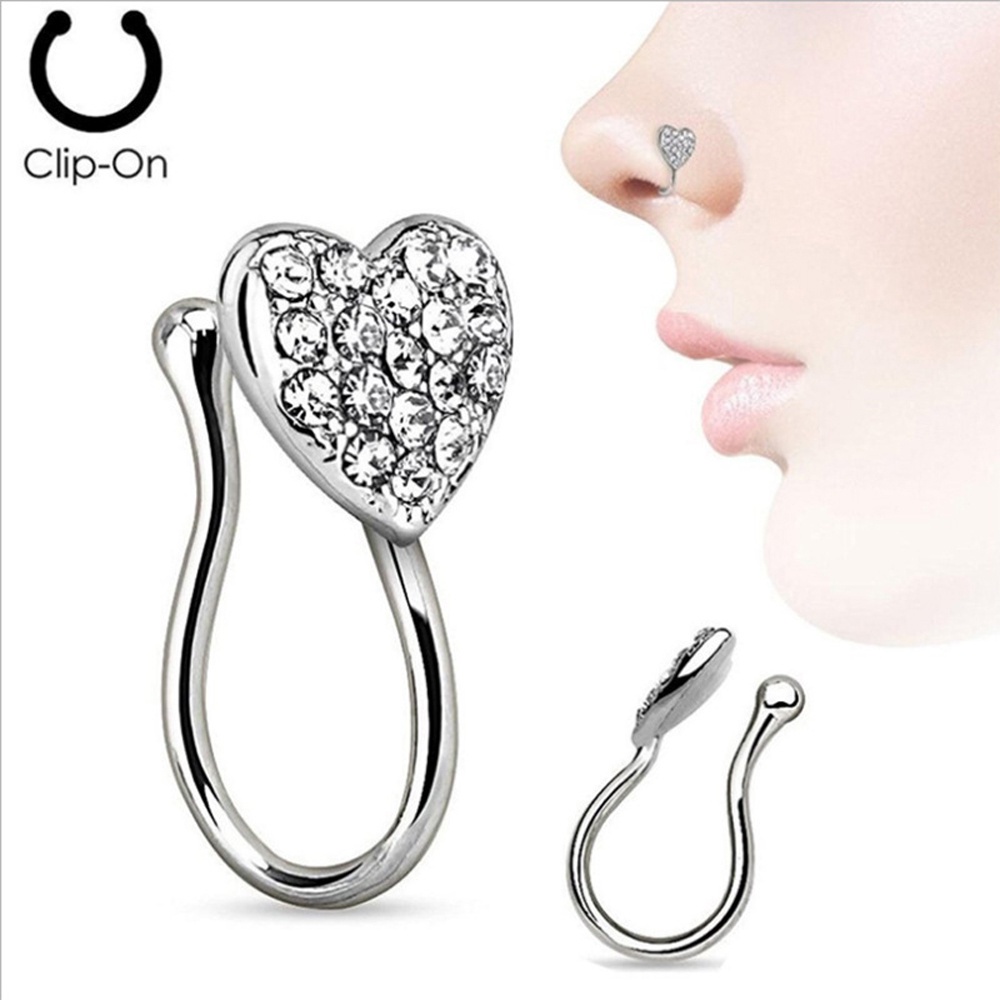 MXBEAUTY Fashion Jewelry Fake Nose Ring Men Crystal Nose Hoop Rings Women New Love Heart Fake Septum Stainless Steel Fake Piercing Nose Clip