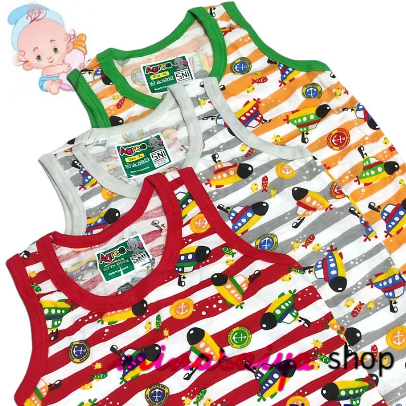 AGREE KIDS 3 pcs Singlet Kaos Dalam Bayi SNI Kaos Kutung Lengan Buntung Bayi Print Warna Uk. S - XL