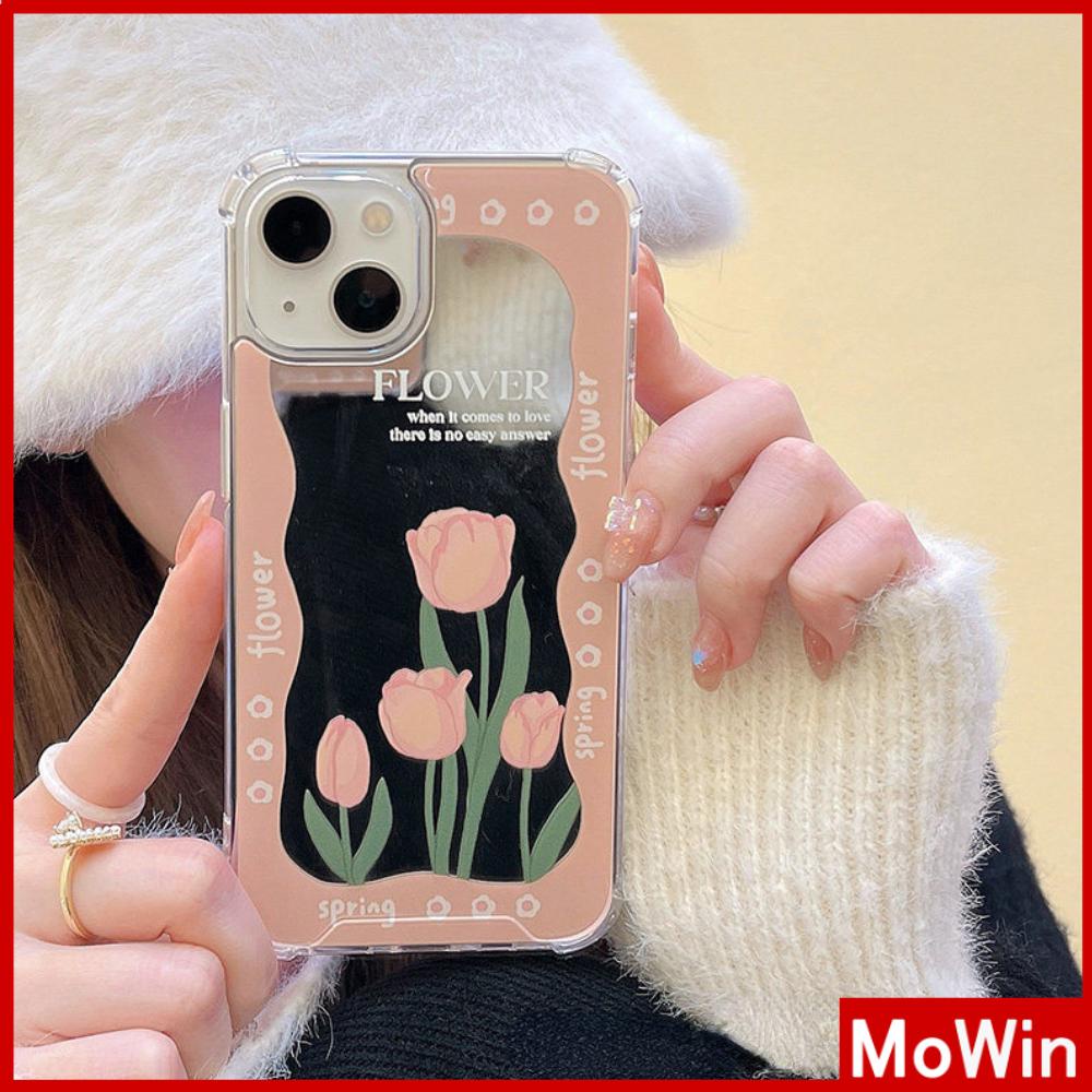 iPhone Case Acrylic Reflective Mirror Airbag Shockproof Protection Camera Pink Tulip Flower Compatible with iPhone 11 iPhone 13 Pro Max iPhone 12 Pro Max iPhone 7 Plus iPhone xr