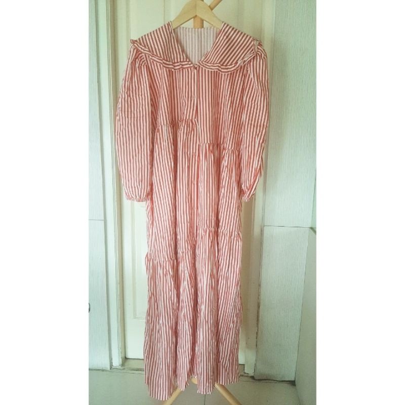 Midi Dress Gamis Katun Salur Garis Salmon Jadore J’adore (Uptofemalefashion Uptofemale)