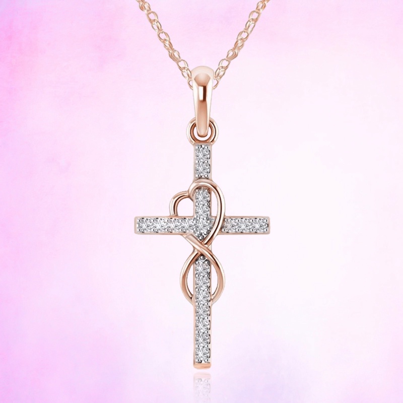 Kalung Liontin Salib Kristen Infinity Love God We Trust Warna Rose Gold Aksen Berlian Imitasi Untuk Wanita