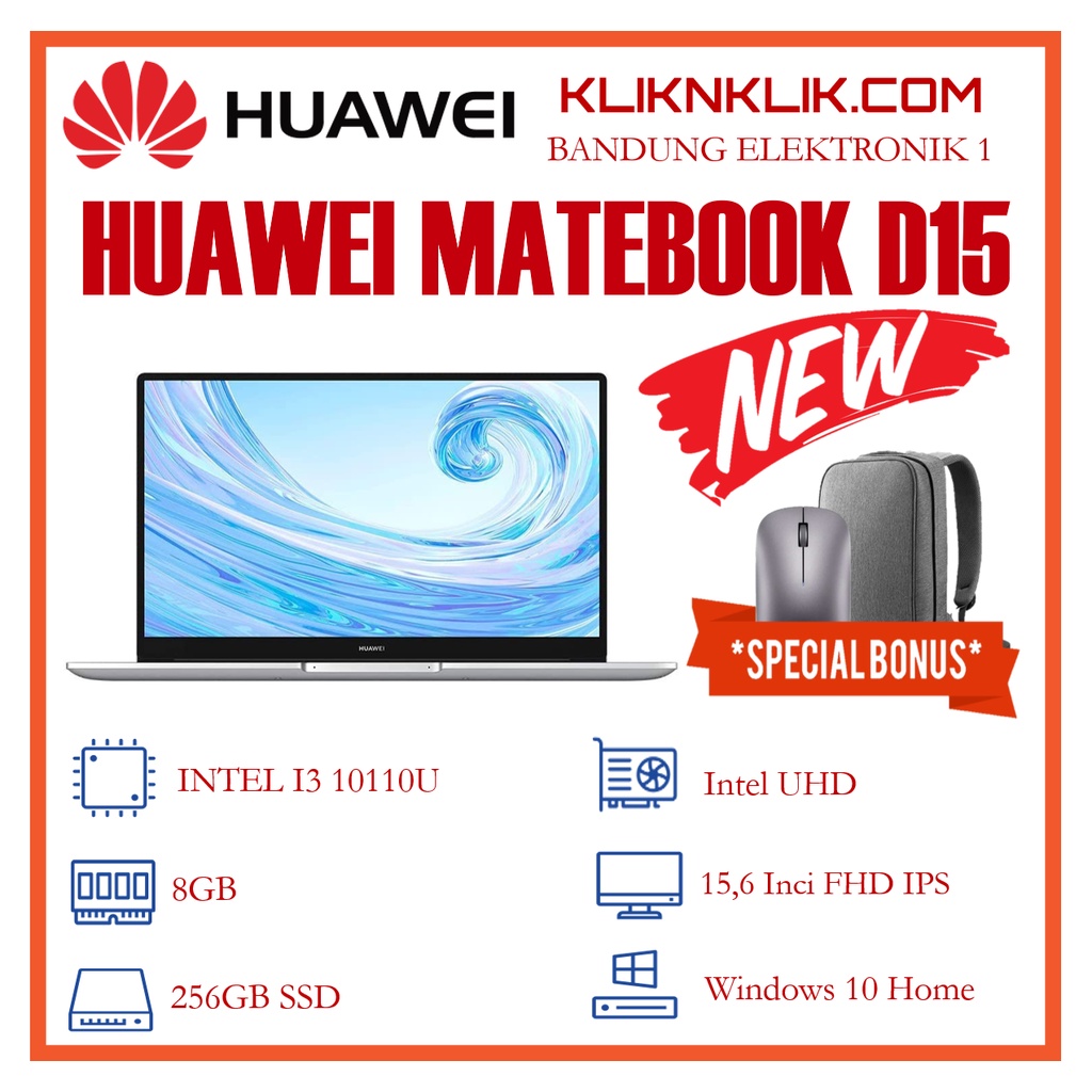 Laptop Huawei MATEBOOK D15 Intel Core i3 8GB 256GB 15 Inci FULL HD IPS Windows 10 Mystic Silver