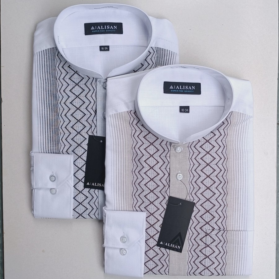 Alisan Kemeja Pria Koko Bordir Panjang Reguler Zigzag Abu/ Coklat Krem