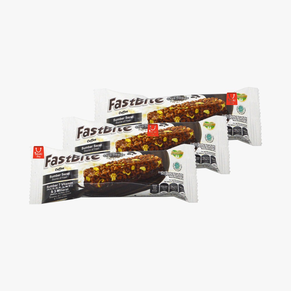 

3PCS FastBite Coffee Sereal Bar Rasa Kopi dengan Chia Seeds Sumber Serat - 3pcs x 20gr