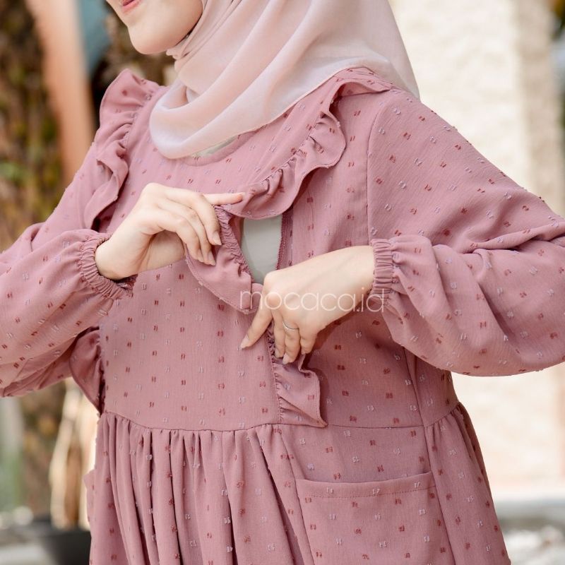 Dress busui friendly Viral Urigiri Uragiri Hitam pink Abu Navy gamis modern lengan kerut renda ada saku