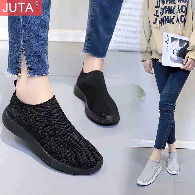 Ready Size 35-43 Sepatu Sneakers Wanita Tanpa Tali Joging Running Shoes Hitam / Abu-abu / Merah muda