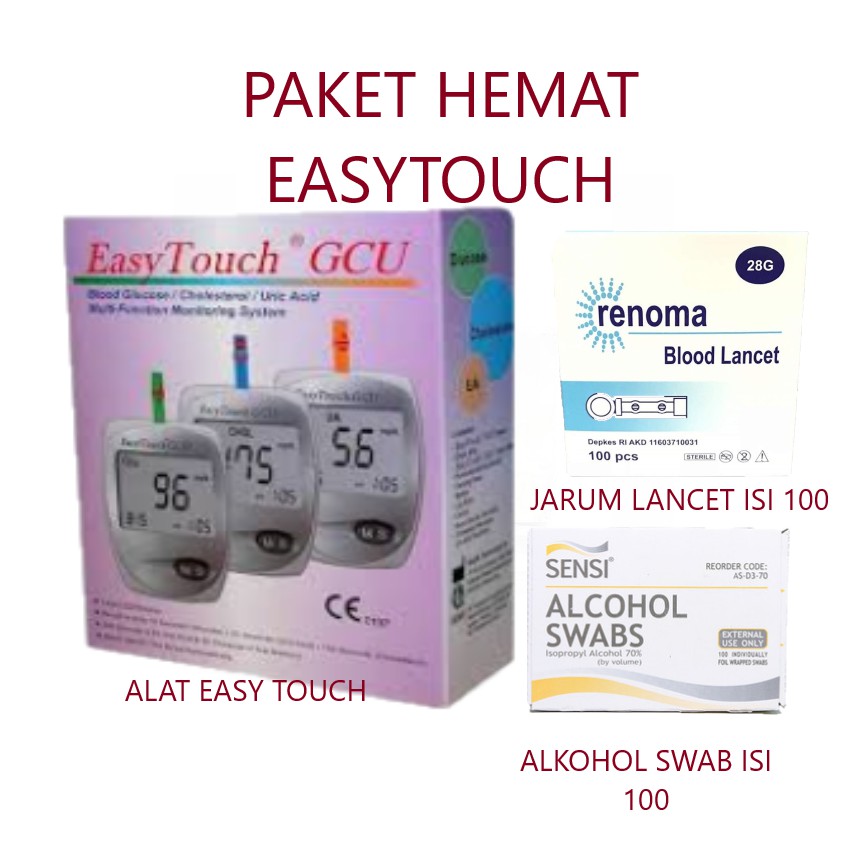 PAKET KOMPLIT EASY TOUCH (EASY TOUCH + ALKOHOL SWAB ISI 100 + JARUM LANCET ISI 100) EASYTOUCH