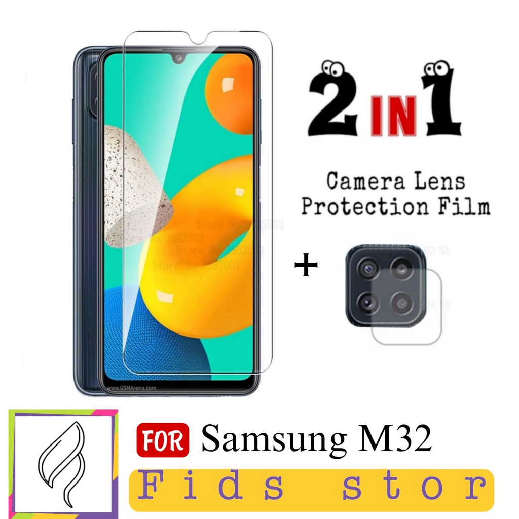 PROMO 2in1 Tempered Glass SAMSUNG M32 Full Layar Kaca Bening Free Tempered Glass Lens Camera