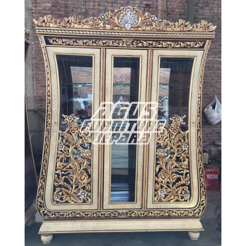 LEMARI HIAS PAJANGAN BIOLA FULL UKIR JATI (lemari kaca lemari pajangan lemari rak)